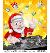 Vector Illustration of a Happy Santa Claus Dj Mixing Christmas Music on a Turntable over a Starburst and Gifts by AtStockIllustration