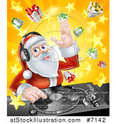 Vector Illustration of a Happy Santa Claus Dj Wearing Headphones and Mixing Christmas Music on a Turntable over a Starburst and Gifts by AtStockIllustration