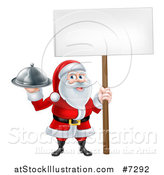 Vector Illustration of a Happy Santa Claus Holding a Food Cloche Platter and Blank Sign by AtStockIllustration