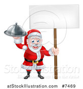 Vector Illustration of a Happy Santa Claus Holding a Silver Cloche Platter and Blank Sign by AtStockIllustration