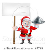 Vector Illustration of a Happy Santa Claus Holding a Silver Cloche Platter and Blank Sign by AtStockIllustration