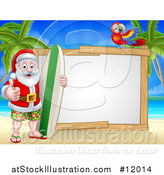 Vector Illustration of a Happy Santa Surfer on a Tropical Beach by a Blank Sign with a Parrot by AtStockIllustration