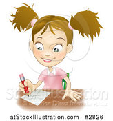 Vector Illustration of a Happy School Girl Writing at Her Desk by AtStockIllustration