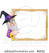Vector Illustration of a Happy Senior Wizard Pointing Around a Posted Notice Sign on Wood by AtStockIllustration