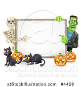 Vector Illustration of a Happy Skeleton and Frankenstein Pointing to a White Board Sign over Pumpkins and Black Cats by AtStockIllustration