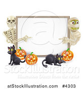 Vector Illustration of a Happy Skeleton Mummy Pumpkins and Black Cat Around a Blank Sign by AtStockIllustration