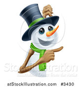 Vector Illustration of a Happy Snowman in a Top Hat and Green Scarf Pointing to a Sign by AtStockIllustration