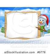 Vector Illustration of a Happy Snowman Wearing a Christmas Santa Hat and Pointing Around a Blank Sign in a Winter Landscape by AtStockIllustration