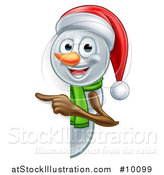 Vector Illustration of a Happy Snowman Wearing a Christmas Santa Hat and Pointing Around a Sign by AtStockIllustration