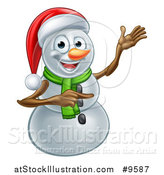 Vector Illustration of a Happy Snowman Wearing a Christmas Santa Hat and Pointing by AtStockIllustration