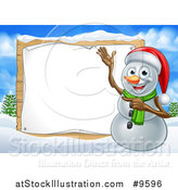 Vector Illustration of a Happy Snowman Wearing a Christmas Santa Hat and Pointing to a Blank Sign in a Winter Landscape by AtStockIllustration