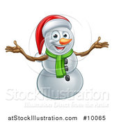 Vector Illustration of a Happy Snowman Wearing a Christmas Santa Hat and Welcoming by AtStockIllustration