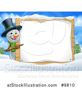 Vector Illustration of a Happy Snowman Wearing a Christmas Top Hat and Pointing Around a Blank Sign in a Winter Landscape by AtStockIllustration