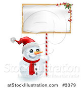 Vector Illustration of a Happy Snowman Wearing a Santa Hat and Holding a Christmas Sign by AtStockIllustration