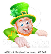 Vector Illustration of a Happy St Patricks Day Leprechaun Pointing down over a Sign by AtStockIllustration