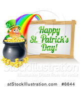 Vector Illustration of a Happy St Patricks Day Sign with a Rainbow Leading to a Leprechaun at a Pot of Gold by AtStockIllustration