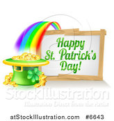 Vector Illustration of a Happy St Patricks Day Sign with a Rainbow Leading to a Leprechaun Hat Pot of Gold by AtStockIllustration