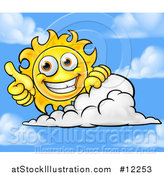 Vector Illustration of a Happy Sun Mascot Giving a Thumb up over a Cloud by AtStockIllustration