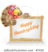 Vector Illustration of a Happy Thanksgiving Turkey Bird Giving a Thumb up over a Greeting Board Sign by AtStockIllustration