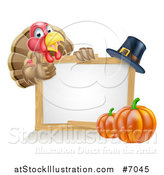 Vector Illustration of a Happy Thanksgiving Turkey Bird Giving a Thumb up over a Pumpkin, Blank White Board Sign and Pilgrim Hat by AtStockIllustration