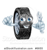 Vector Illustration of a Happy Tire Character Holding a Thumbs up and a Spanner Wrench by AtStockIllustration