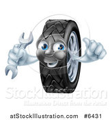Vector Illustration of a Happy Tire Character Holding a Thumbs up and a Wrench by AtStockIllustration