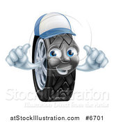 Vector Illustration of a Happy Tire Character Wearing a Baseball Cap and Holding Two Thumbs up by AtStockIllustration