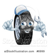 Vector Illustration of a Happy Tire Character Wearing a Baseball Cap, Giving a Thumb up and Holding a Wrench by AtStockIllustration