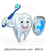 Vector Illustration of a Happy Tooth Character Holding a Toothbrush and Shield by AtStockIllustration