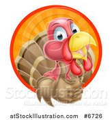 Vector Illustration of a Happy Turkey Bird Giving a Thumb up and Emerging from a Circle of Sun Rays by AtStockIllustration