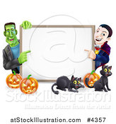 Vector Illustration of a Happy Vampire Frankenstein Pumpkins and Black Cats Around a Blank Sign by AtStockIllustration