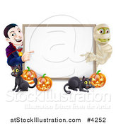 Vector Illustration of a Happy Vampire Mummy Pumpkins and Black Cat Around a Blank Sign by AtStockIllustration