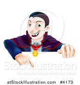 Vector Illustration of a Happy Vampire Pointing down at a Sign by AtStockIllustration
