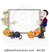 Vector Illustration of a Happy Vampire Skeleton Pumpkins and Black Cat Around a Blank Sign by AtStockIllustration