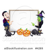 Vector Illustration of a Happy Vampire Witch Pumpkins and Black Cats Around a Blank Sign by AtStockIllustration