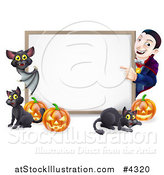 Vector Illustration of a Happy Vampire with a Bat Cats and Halloween Pumpkins Around a White Sign by AtStockIllustration