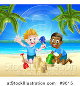 Vector Illustration of a Happy White and Black Boys Playing and Making Sand Castles on a Tropical Beach by AtStockIllustration