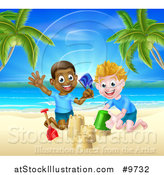 Vector Illustration of a Happy White and Black Boys Playing and Making Sand Castles on a Tropical Beach by AtStockIllustration