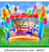 Vector Illustration of a Happy White and Black Girls Jumping on a Bouncy House Castle in a Park by AtStockIllustration