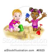 Vector Illustration of a Happy White and Black Girls Playing and Making Sand Castles on a Beach by AtStockIllustration