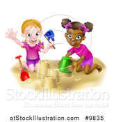 Vector Illustration of a Happy White and Black Girls Playing and Making Sand Castles on a Beach by AtStockIllustration