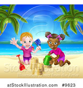 Vector Illustration of a Happy White and Black Girls Playing and Making Sand Castles on a Tropical Beach by AtStockIllustration
