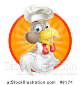 Vector Illustration of a Happy White and Brown Chef Chicken Giving a Thumb up and Emerging from a Circle of Sun Rays 2 by AtStockIllustration