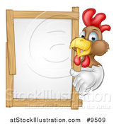 Vector Illustration of a Happy White and Brown Chicken or Rooster Giving a Thumb up Around a Sign by AtStockIllustration