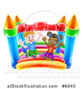 Vector Illustration of a Happy White Boy and Black Girl Jumping on a Bouncy House Castle by AtStockIllustration