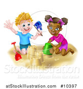 Vector Illustration of a Happy White Boy and Black Girl Making Sand Castles on a Beach by AtStockIllustration
