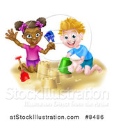 Vector Illustration of a Happy White Boy and Black Girl Playing and Making Sand Castles on a Beach by AtStockIllustration