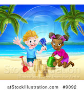 Vector Illustration of a Happy White Boy and Black Girl Playing and Making Sand Castles on a Tropical Beach by AtStockIllustration