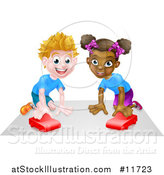 Vector Illustration of a Happy White Boy and Black Girl Playing with Toy Cars by AtStockIllustration