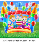 Vector Illustration of a Happy White Boy and Girl Jumping on a Bouncy House Castle in a Park, with Party Balloons by AtStockIllustration